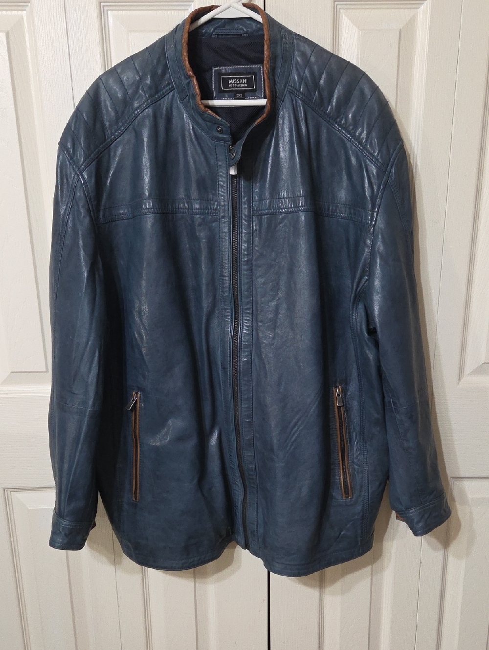 Missani Le Collezioni Mens Blue Leather Zip-Front Lightweight Jacket